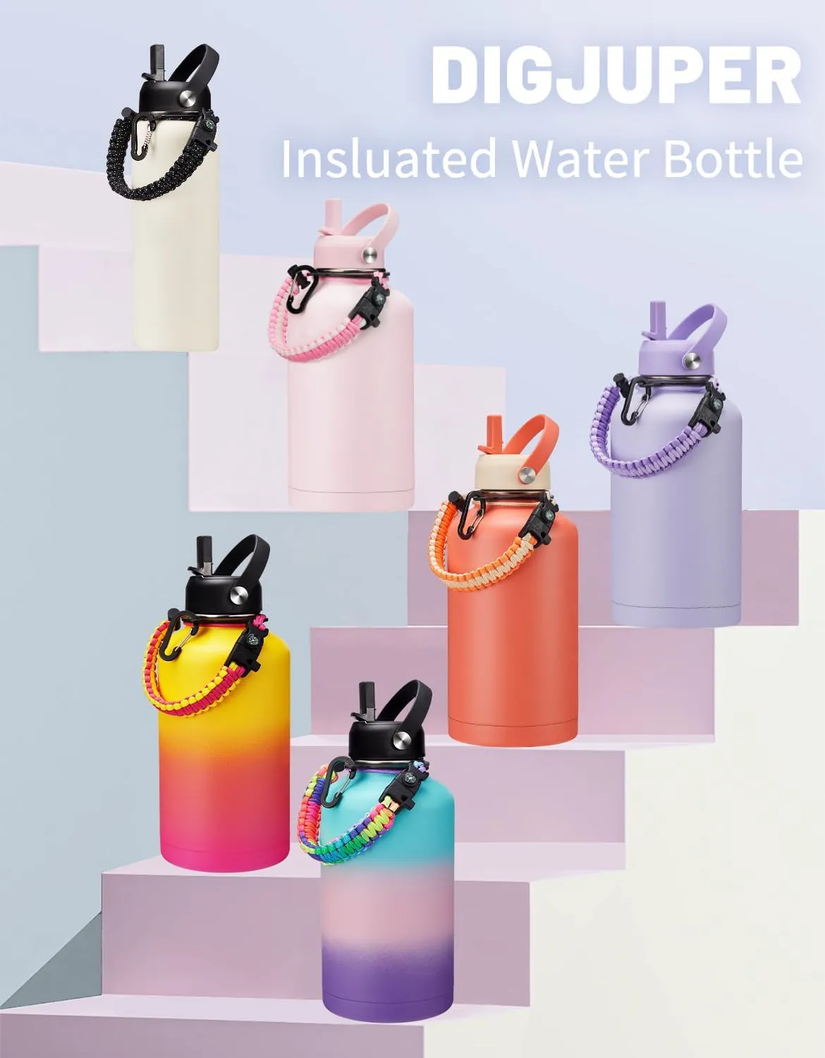 Half Gallon Water Bottle Insulated - 64 oz Water Bottle with Carrying Sleeve, Paracord Handle, Straw Spout Lid, Leak-proof Metal Hydro Water Jug for Workout Sport Hiking Gym, Purple Big Flask Thermo