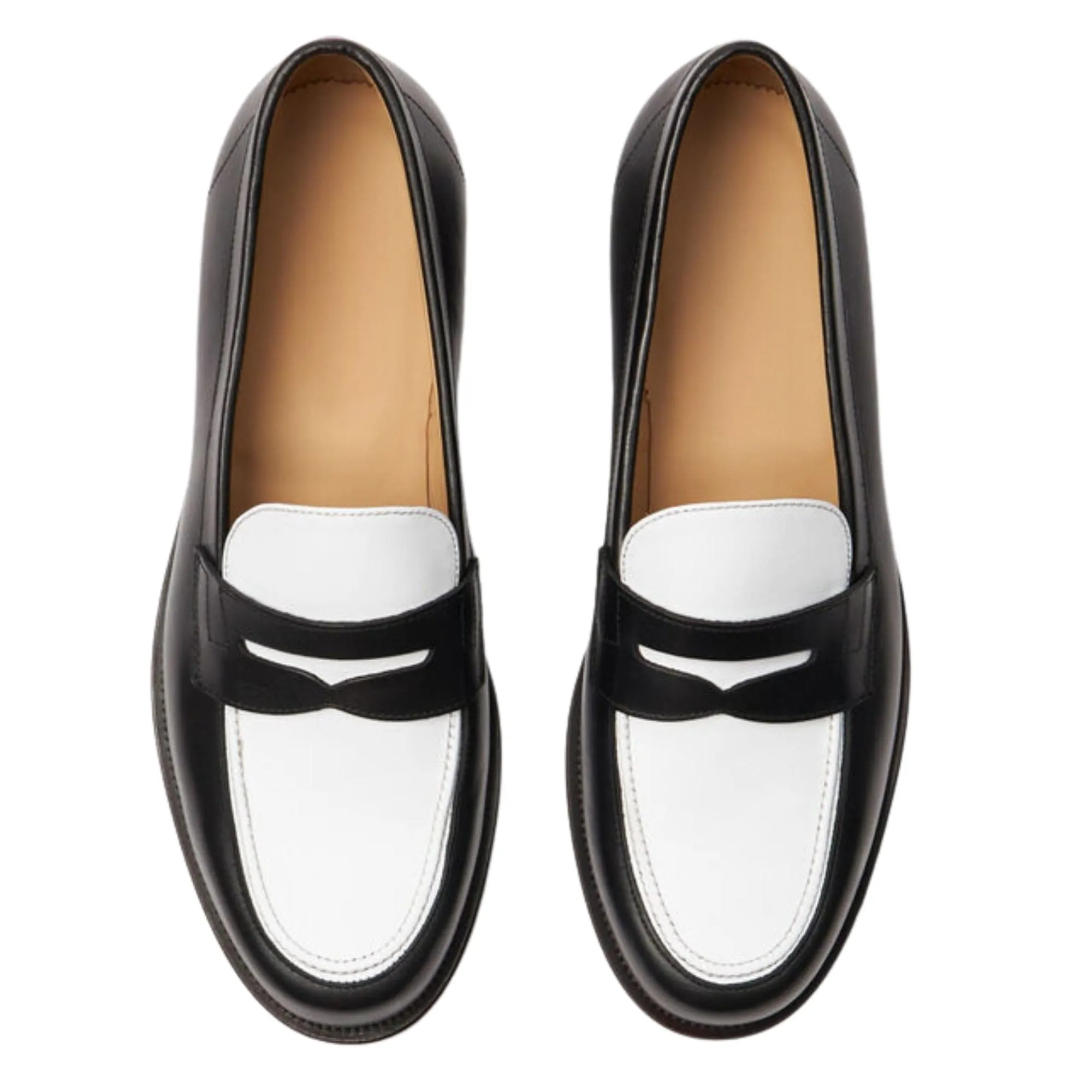 Handmade Custom Black & White Calf Leather Mens Loafers