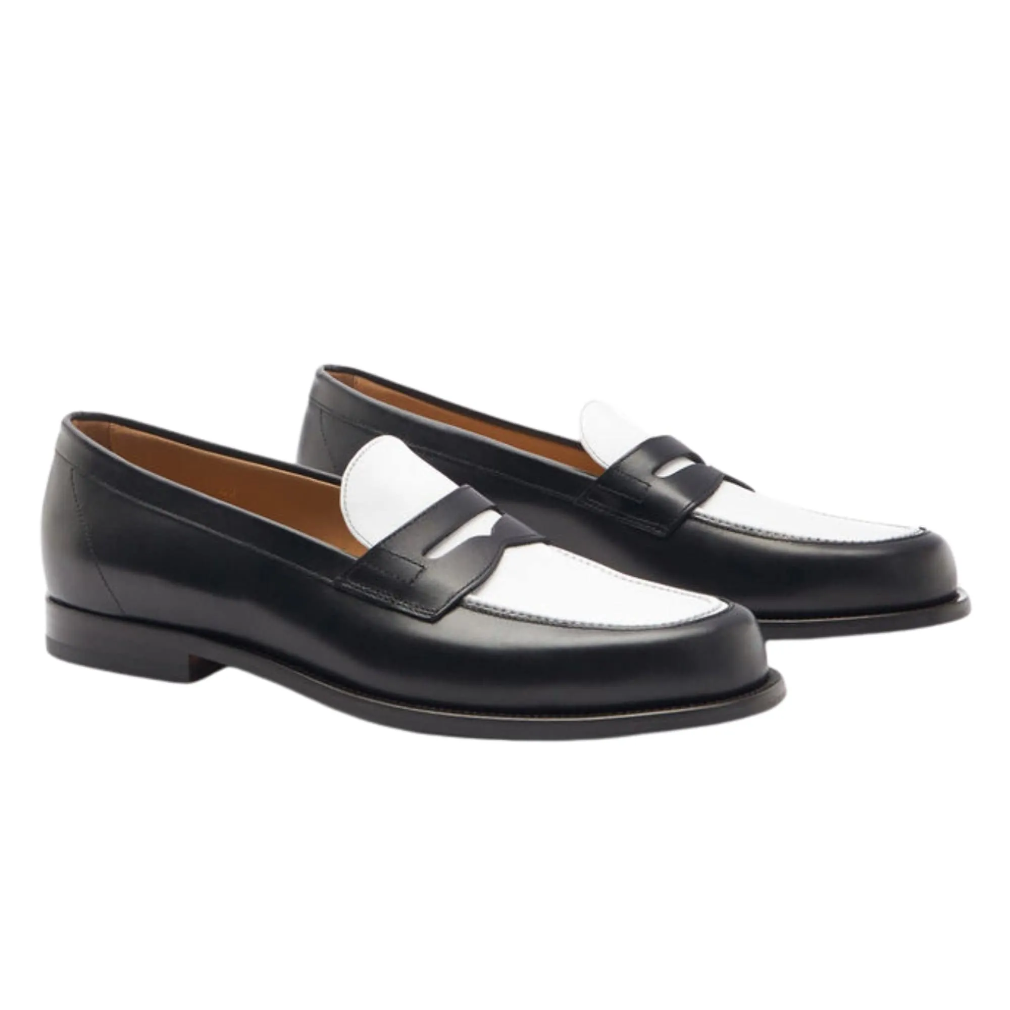 Handmade Custom Black & White Calf Leather Mens Loafers