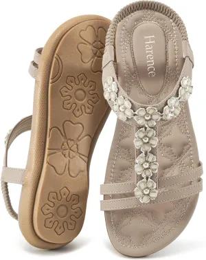 HARENCE Women's Summer Flat Sandals: Comfortable Bohemian Beaded Flats Shoes Elastic Ankle T-Strap Casual Slip on Beach Dress Sandals for Women