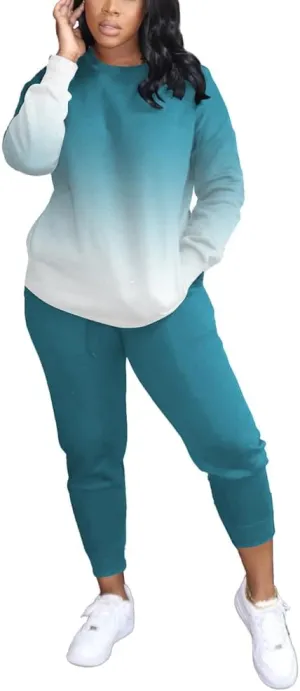 HBQ Two Piece Outfits For Women Casual Long Sleeve Sweatsuits Jogger Tracksuits Lounge Sets With Pockets-Gradient-M