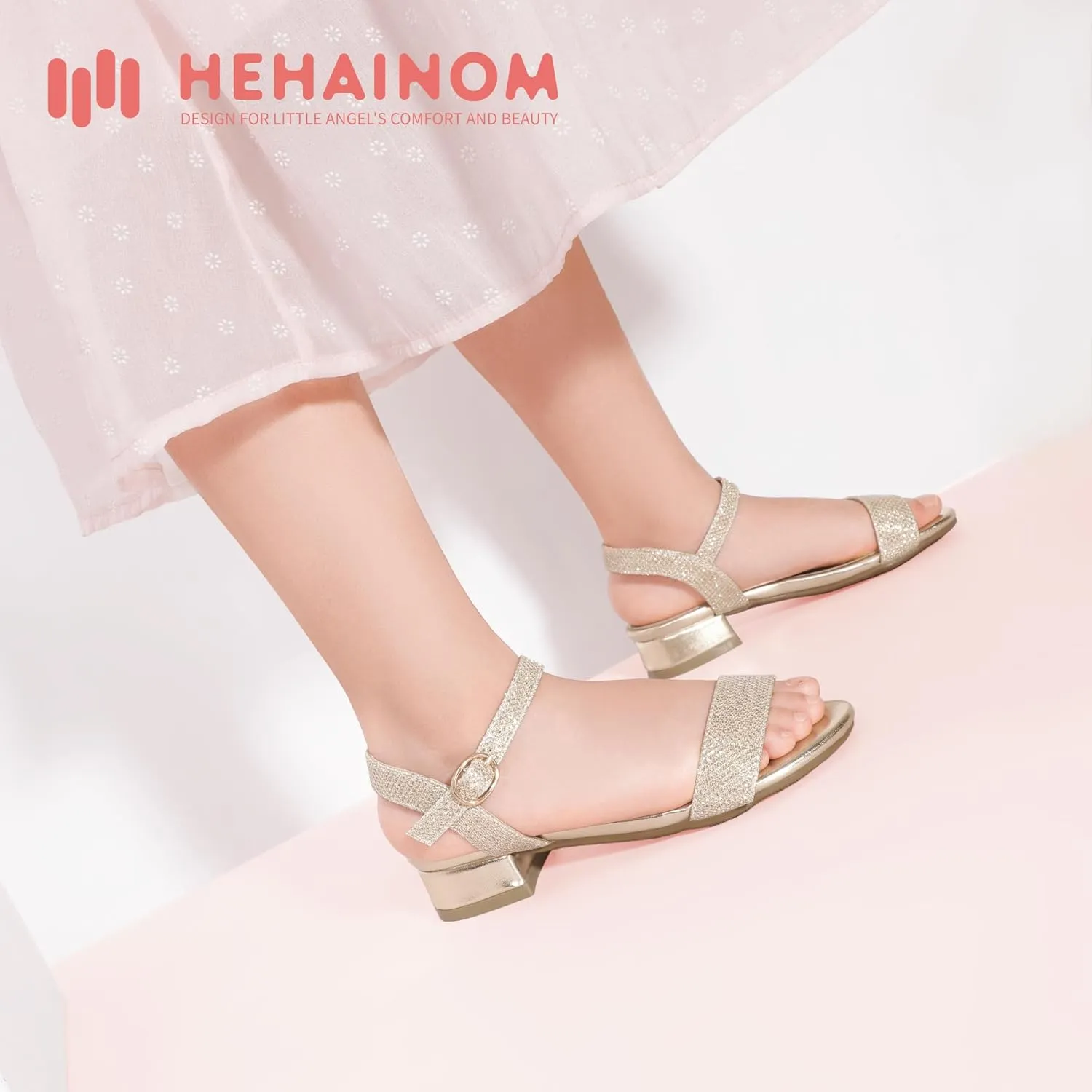 Hehainom Girls Dress Shoes Low Heels Sandals Open Toe Wedding Party School for Little Big Kids Flower Girl Shoes