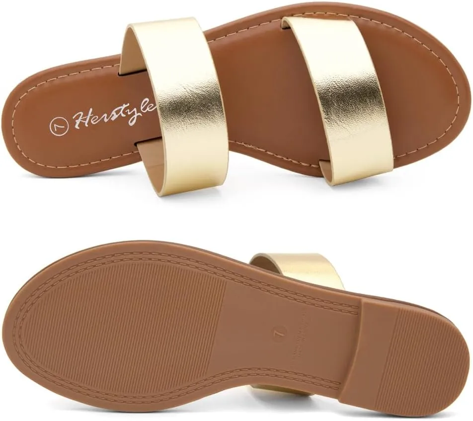 Herstyle Women’s Flat Sandals – Two Strap Comfortable Slides with Memory Foam, Trendy 2025 Summer Sandals, Lightweight Slip-On Open Toe Dressy & Casual Slippers for Women