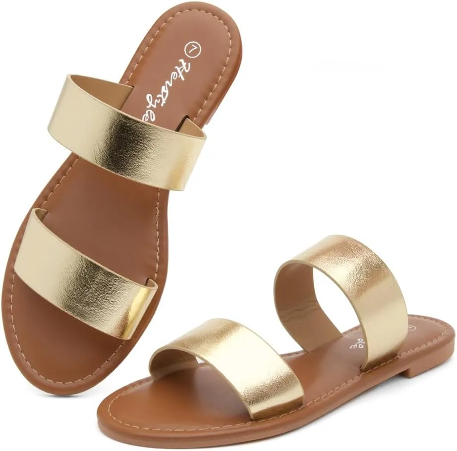 Herstyle Women’s Flat Sandals – Two Strap Comfortable Slides with Memory Foam, Trendy 2025 Summer Sandals, Lightweight Slip-On Open Toe Dressy & Casual Slippers for Women