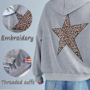 heyheyshine Star Graphic Hoodies Oversized Y2k Leopard Print Hooded Sweatshirt Cheetah Hoodie Streetwear Unisex Pullover Tops