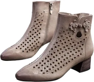 High Heels Breathable Hollow Sandals First Layer Cowhide Retro Small high Heel Women's Shoes