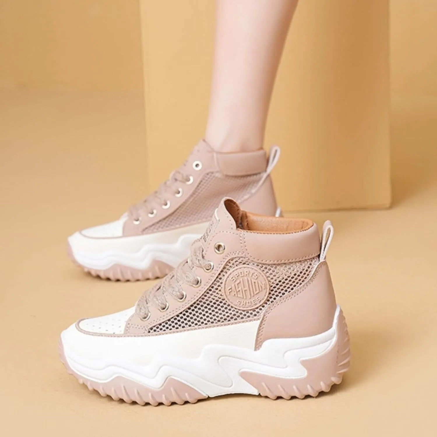 High-Top Mesh Platform Chunky Shoes Breathable Sneakers, Lightweight Rubber Sole Cushioned Arch Support Shopping Travel