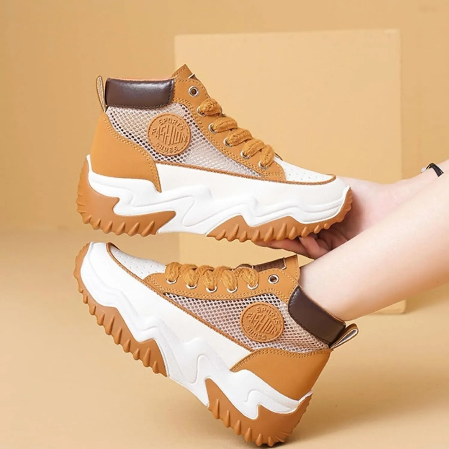 High-Top Mesh Platform Chunky Shoes Breathable Sneakers, Lightweight Rubber Sole Cushioned Arch Support Shopping Travel