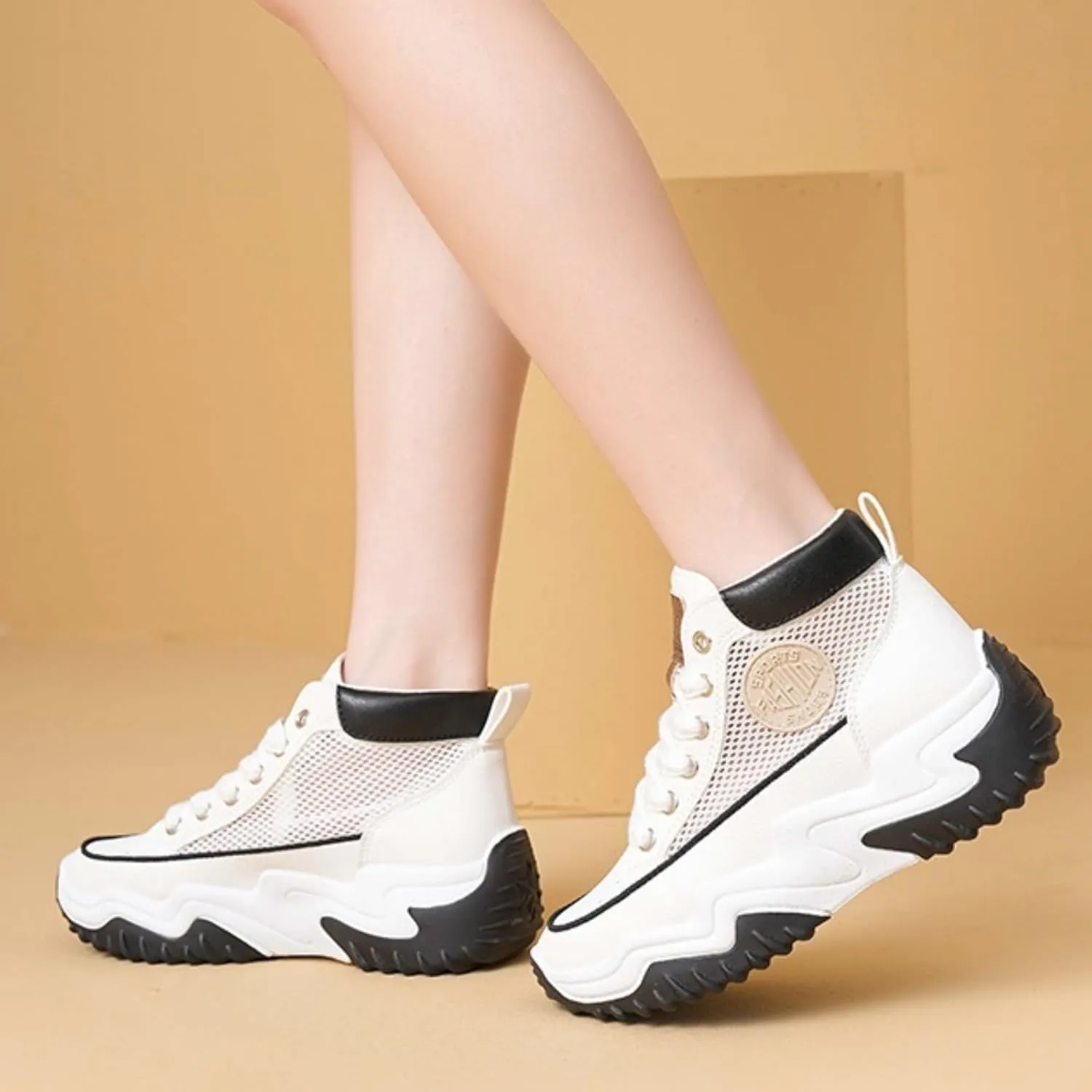 High-Top Mesh Platform Chunky Shoes Breathable Sneakers, Lightweight Rubber Sole Cushioned Arch Support Shopping Travel
