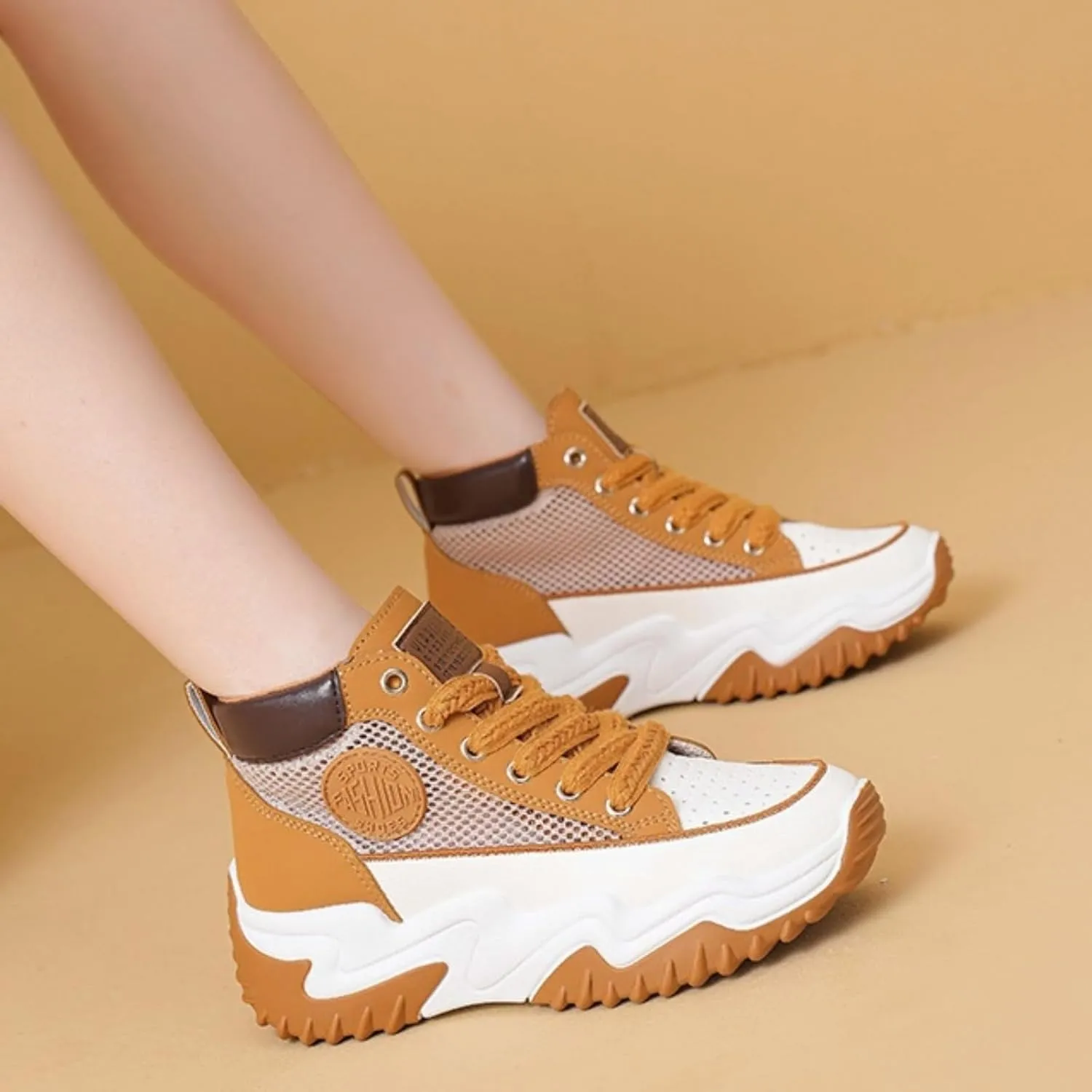 High-Top Mesh Platform Chunky Shoes Breathable Sneakers, Lightweight Rubber Sole Cushioned Arch Support Shopping Travel