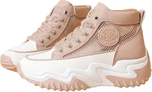 High-Top Mesh Platform Chunky Shoes Breathable Sneakers, Lightweight Rubber Sole Cushioned Arch Support Shopping Travel