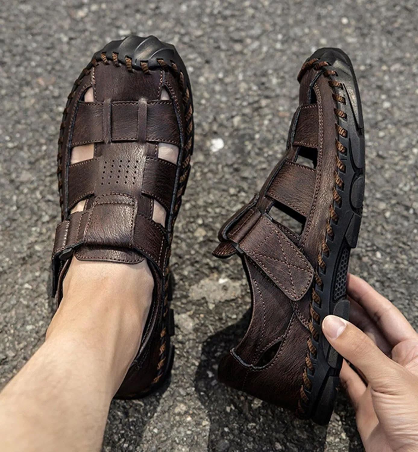 HNVAVQ Men's Sport Sandals Closed Toe Breathable Summer Fisherman Beach Shoes Leather Sandals