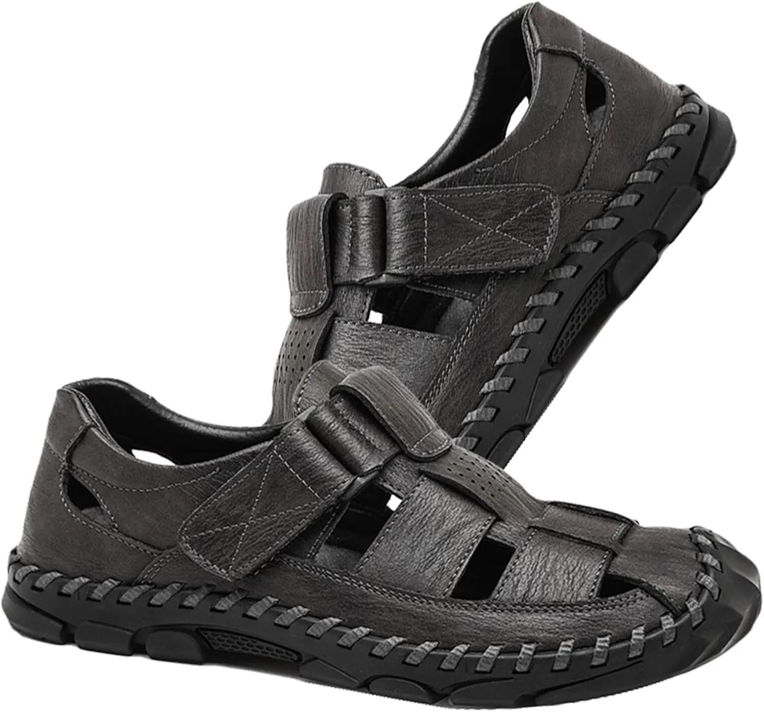 HNVAVQ Men's Sport Sandals Closed Toe Breathable Summer Fisherman Beach Shoes Leather Sandals