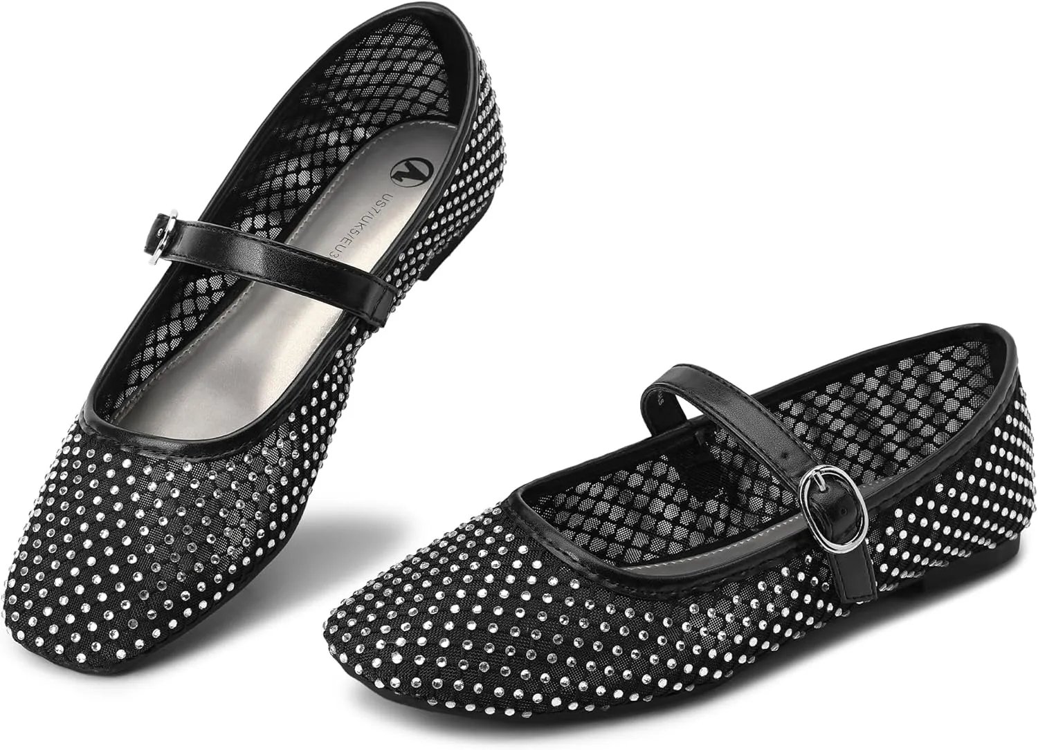 HOMETRUE Women's Mesh Ballet Flats Buckle Strap Sparkly Rhinestone Mary Jane Ballerina Flat Casual Dress Shoes (Black, 8)