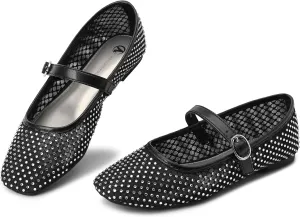 HOMETRUE Women's Mesh Ballet Flats Buckle Strap Sparkly Rhinestone Mary Jane Ballerina Flat Casual Dress Shoes (Black, 8)