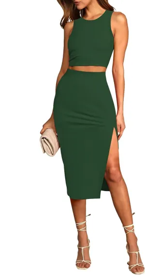 HUUSA 2 Piece Dress for Women Sexy Sleeveless Slim Bodycon Split Midi Dresses Casual Crewneck Tank Tops High Waist Skirt Sets