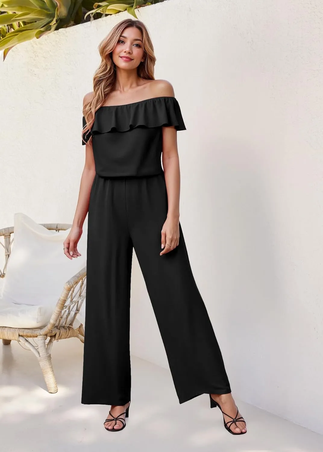 Hybrid & Company Women Casual Off Shoulder High Waist Pants Romper Wide Leg Jumpsuit