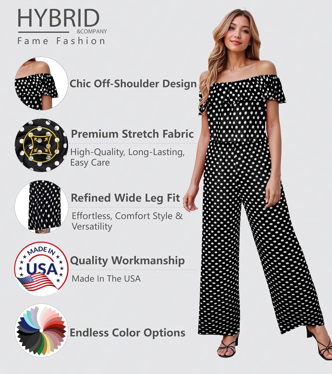 Hybrid & Company Women Casual Off Shoulder High Waist Pants Romper Wide Leg Jumpsuit