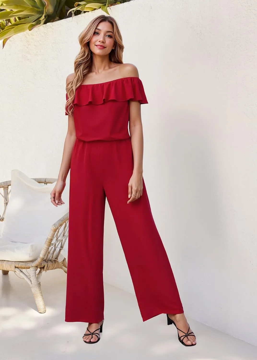 Hybrid & Company Women Casual Off Shoulder High Waist Pants Romper Wide Leg Jumpsuit