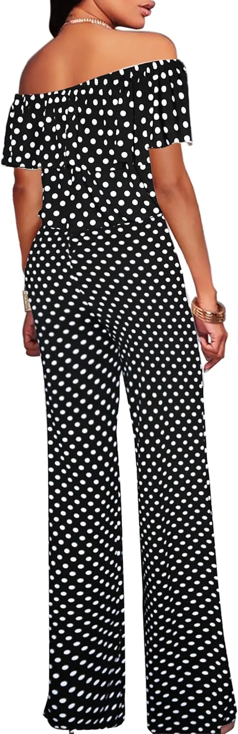 Hybrid & Company Women Casual Off Shoulder High Waist Pants Romper Wide Leg Jumpsuit