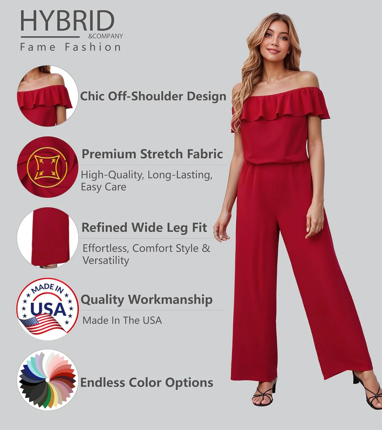 Hybrid & Company Women Casual Off Shoulder High Waist Pants Romper Wide Leg Jumpsuit