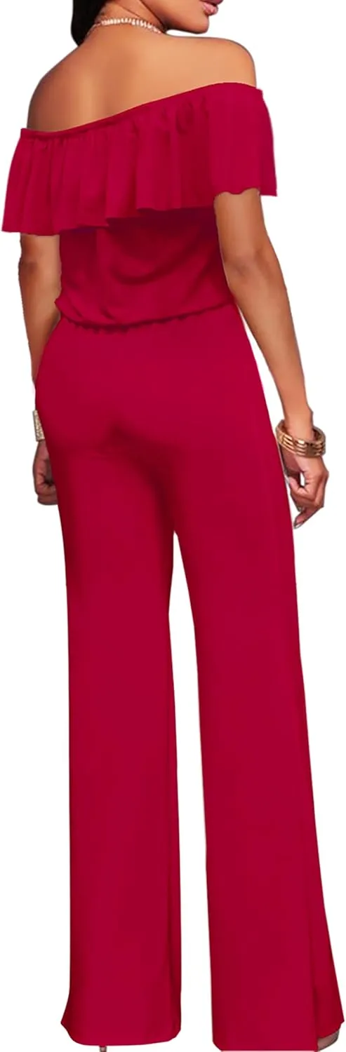 Hybrid & Company Women Casual Off Shoulder High Waist Pants Romper Wide Leg Jumpsuit