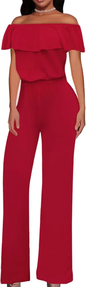 Hybrid & Company Women Casual Off Shoulder High Waist Pants Romper Wide Leg Jumpsuit
