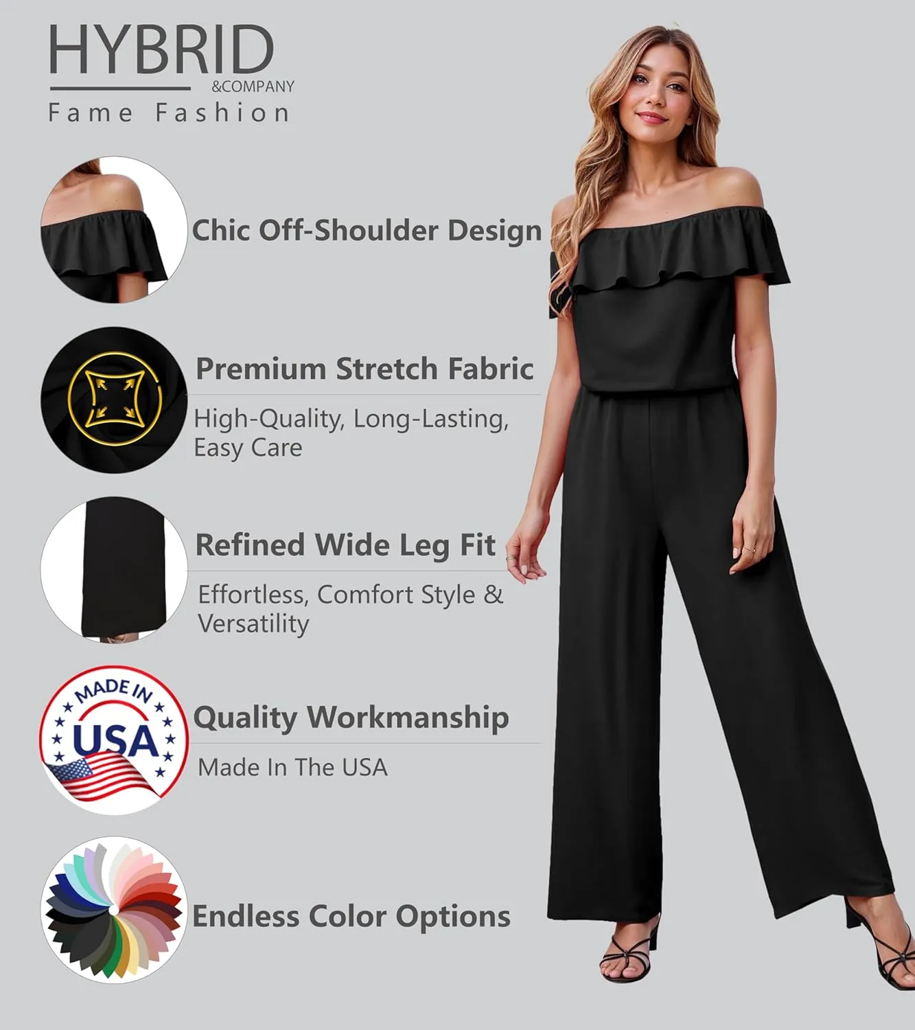 Hybrid & Company Women Casual Off Shoulder High Waist Pants Romper Wide Leg Jumpsuit