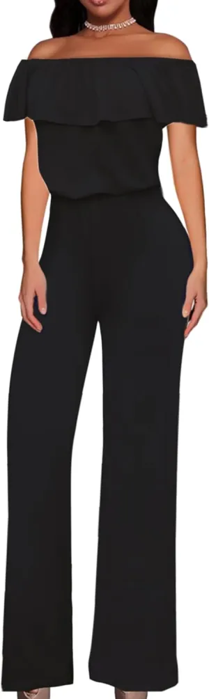 Hybrid & Company Women Casual Off Shoulder High Waist Pants Romper Wide Leg Jumpsuit