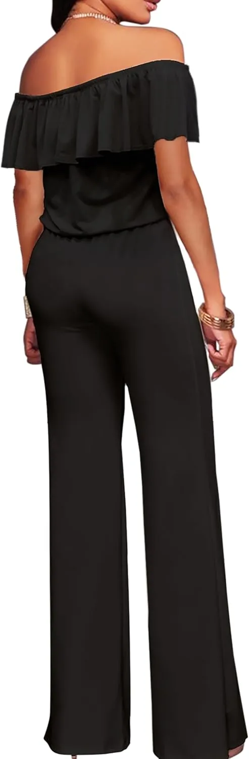 Hybrid & Company Women Casual Off Shoulder High Waist Pants Romper Wide Leg Jumpsuit