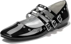 IDIFU Mary Jane Flats Square Toe Strappy Three Staps Ballet Flats Dress Shoes Vintage Bridal Ladies Dressy Comfortable Casual Formal Cute Flats Work Wedding Evening Flat Shoes