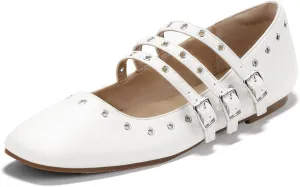 IDIFU Mary Jane Flats Square Toe Strappy Three Staps Ballet Flats Dress Shoes Vintage Bridal Ladies Dressy Comfortable Casual Formal Cute Flats Work Wedding Evening Flat Shoes