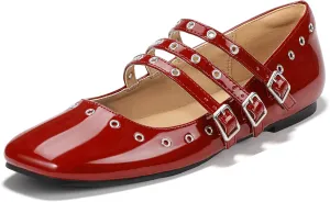 IDIFU Mary Jane Flats Square Toe Strappy Three Staps Ballet Flats Dress Shoes Vintage Bridal Ladies Dressy Comfortable Casual Formal Cute Flats Work Wedding Evening Flat Shoes