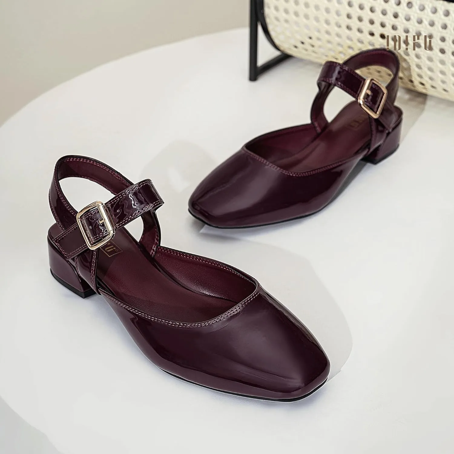 IDIFU Slingback Flats for Women Mary Jane Ballet Flats Square Toe Low Heel Ankle Strap Dress Shoes for Women Comfortable Wedding Bridal Work Office Trendy Dressy Casual Flats Shoes