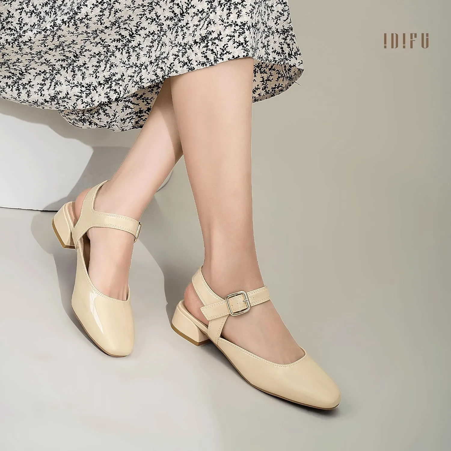 IDIFU Slingback Flats for Women Mary Jane Ballet Flats Square Toe Low Heel Ankle Strap Dress Shoes for Women Comfortable Wedding Bridal Work Office Trendy Dressy Casual Flats Shoes