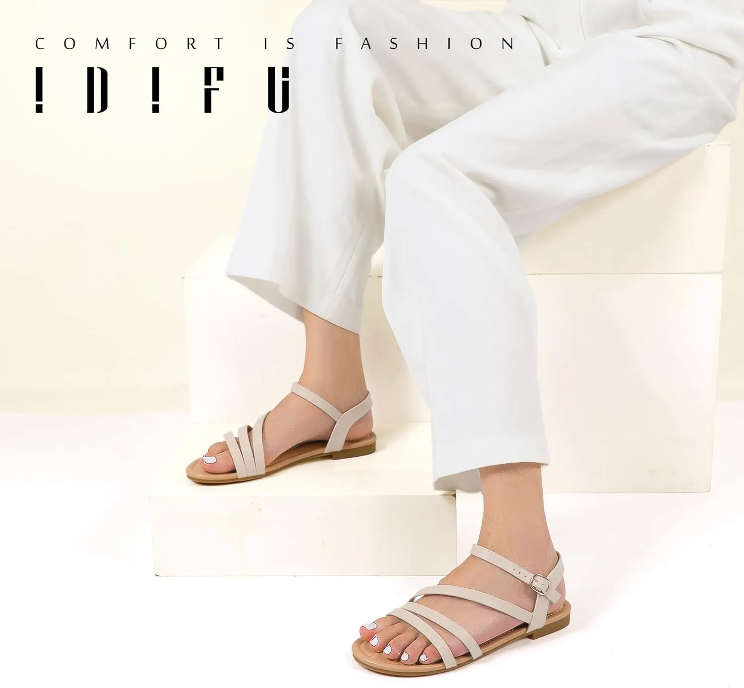 IDIFU Strappy Sandals for Women Dressy Summer Flat Sandals with Back Strap Open Toe Slingback Ankle Strap Sandals Wedding Bridal Prom Bride Bridesmaid Sandals Comfortable Cute Casual Dress Sandals