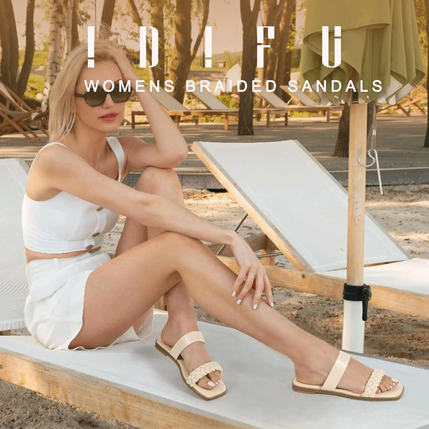 IDIFU Womens Braided Sandals Dressy Summer Flat Strappy Slip on Square Open Toe Two Straps Slides Shoes Wedding Prom Travel Casual Beach Comfortable Cute Trendy Fashion Slide Sandals