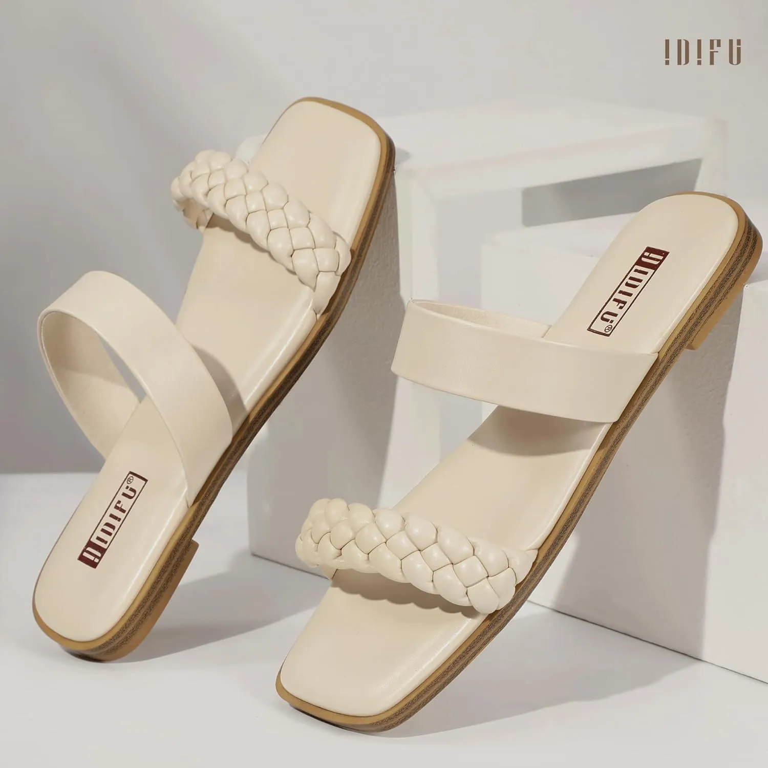 IDIFU Womens Braided Sandals Dressy Summer Flat Strappy Slip on Square Open Toe Two Straps Slides Shoes Wedding Prom Travel Casual Beach Comfortable Cute Trendy Fashion Slide Sandals