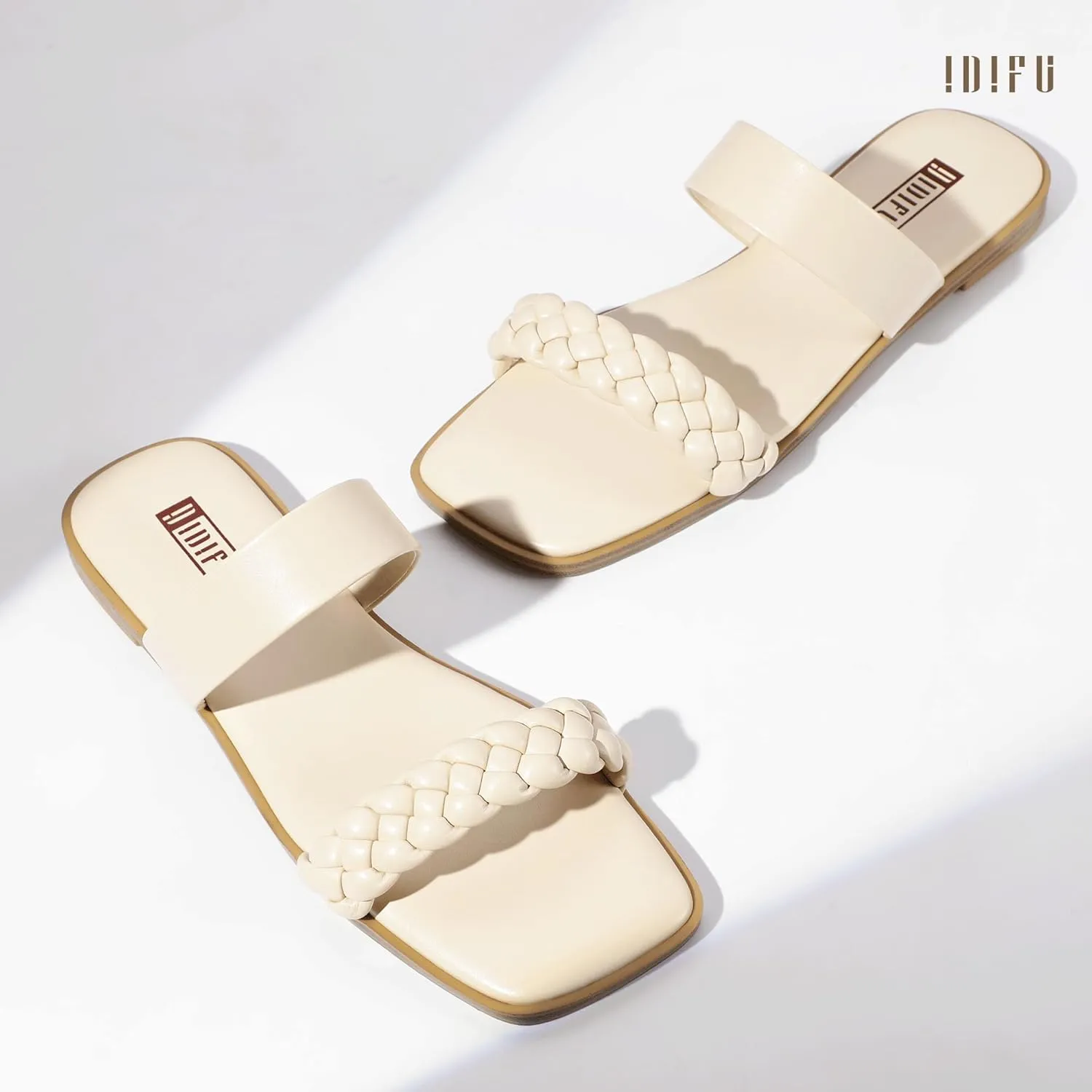IDIFU Womens Braided Sandals Dressy Summer Flat Strappy Slip on Square Open Toe Two Straps Slides Shoes Wedding Prom Travel Casual Beach Comfortable Cute Trendy Fashion Slide Sandals