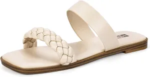 IDIFU Womens Braided Sandals Dressy Summer Flat Strappy Slip on Square Open Toe Two Straps Slides Shoes Wedding Prom Travel Casual Beach Comfortable Cute Trendy Fashion Slide Sandals