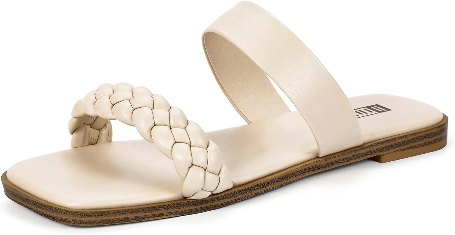 IDIFU Womens Braided Sandals Dressy Summer Flat Strappy Slip on Square Open Toe Two Straps Slides Shoes Wedding Prom Travel Casual Beach Comfortable Cute Trendy Fashion Slide Sandals
