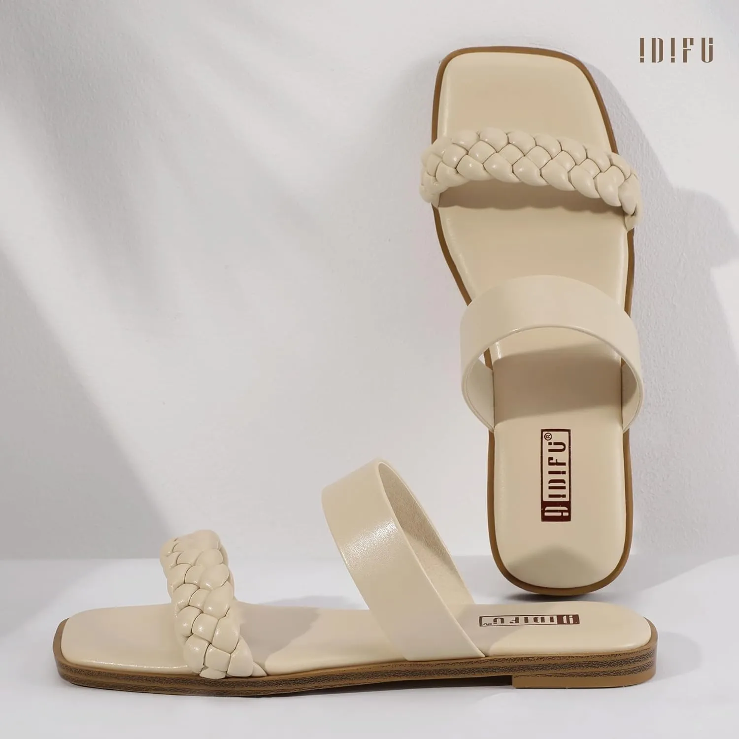 IDIFU Womens Braided Sandals Dressy Summer Flat Strappy Slip on Square Open Toe Two Straps Slides Shoes Wedding Prom Travel Casual Beach Comfortable Cute Trendy Fashion Slide Sandals