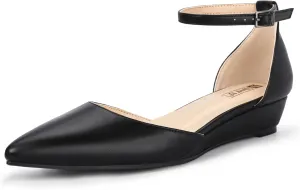IDIFU Women's Low Wedge Flats Closed Pointed Toe Dress Shoes for Women with Adjustable Ankle Strap Wedding Bridal Work Office Business Prom Comfortable Dressy Casual Formal Cute Flat Shoes