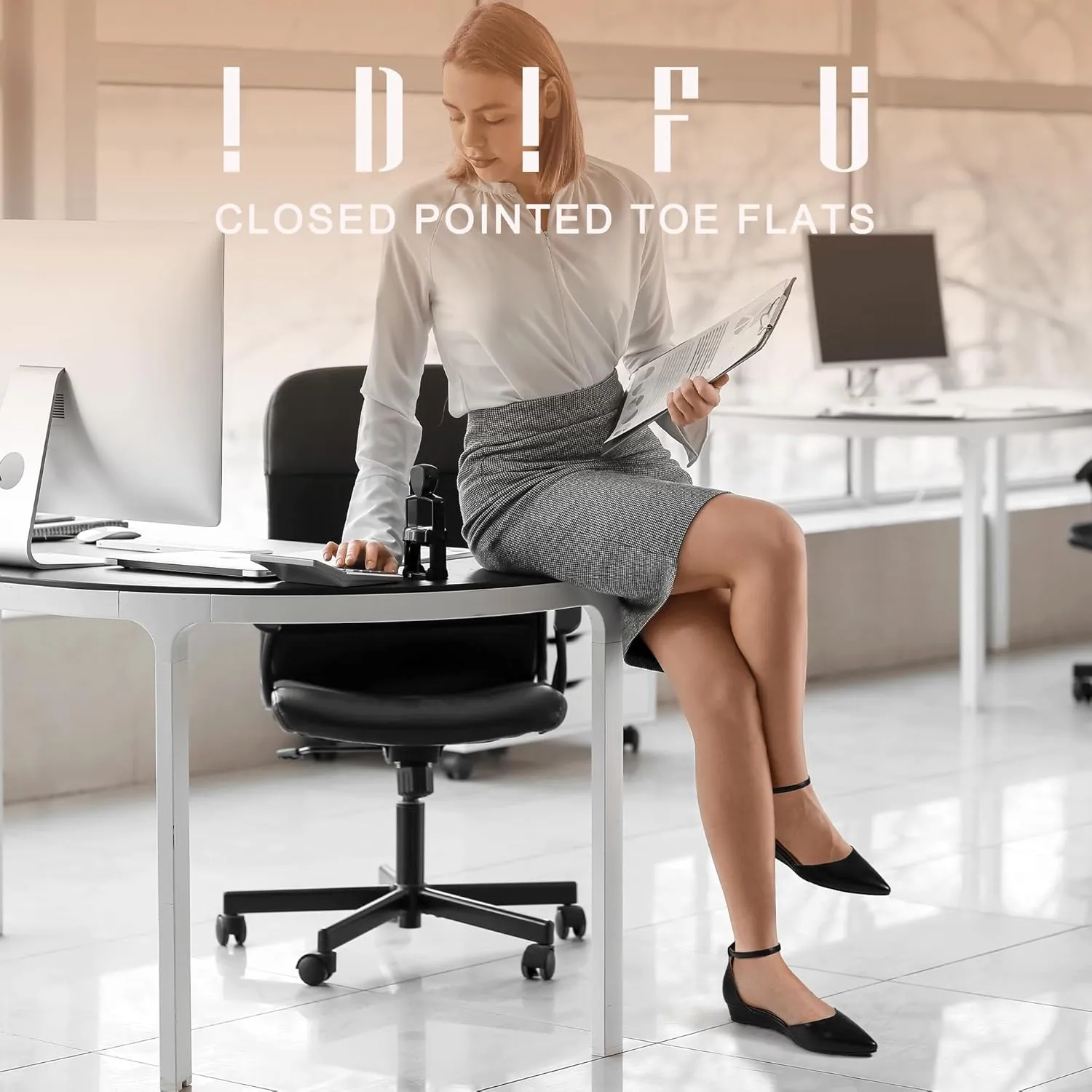 IDIFU Women's Low Wedge Flats Closed Pointed Toe Dress Shoes for Women with Adjustable Ankle Strap Wedding Bridal Work Office Business Prom Comfortable Dressy Casual Formal Cute Flat Shoes