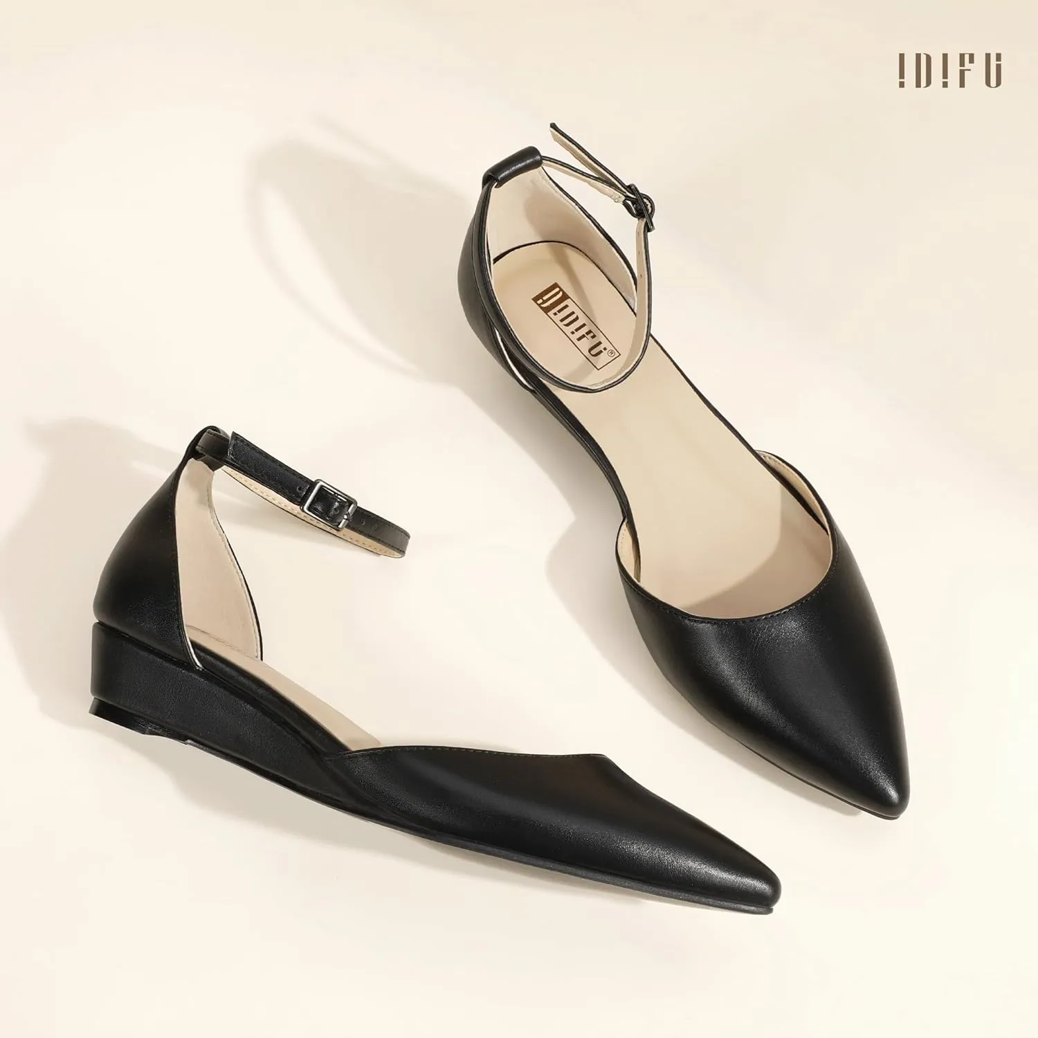 IDIFU Women's Low Wedge Flats Closed Pointed Toe Dress Shoes for Women with Adjustable Ankle Strap Wedding Bridal Work Office Business Prom Comfortable Dressy Casual Formal Cute Flat Shoes