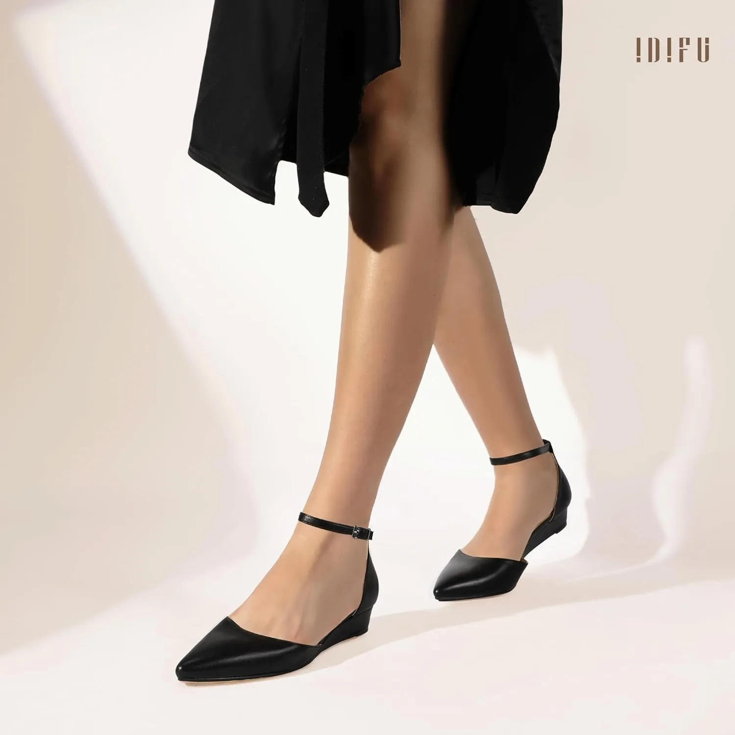 IDIFU Women's Low Wedge Flats Closed Pointed Toe Dress Shoes for Women with Adjustable Ankle Strap Wedding Bridal Work Office Business Prom Comfortable Dressy Casual Formal Cute Flat Shoes