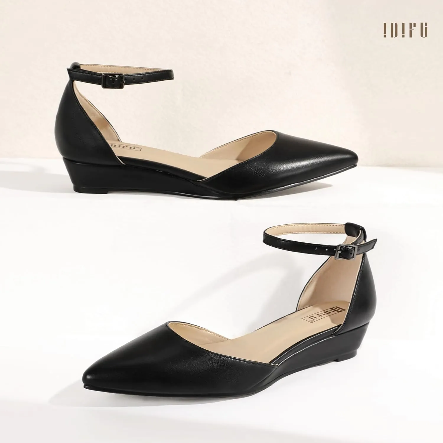 IDIFU Women's Low Wedge Flats Closed Pointed Toe Dress Shoes for Women with Adjustable Ankle Strap Wedding Bridal Work Office Business Prom Comfortable Dressy Casual Formal Cute Flat Shoes