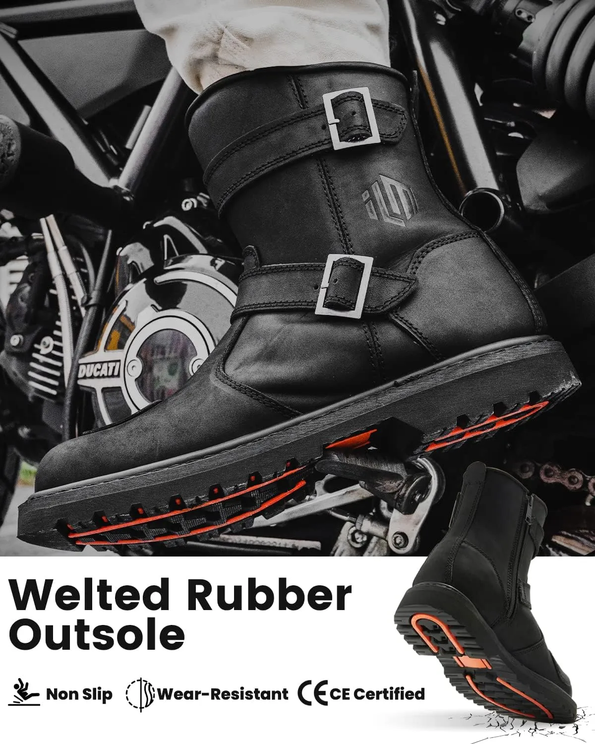 ILM Leather Motorcycle Boots Protective Footwear with Side Zipper Motocross Riding Boot for Combat Tactical Hiking Men Women