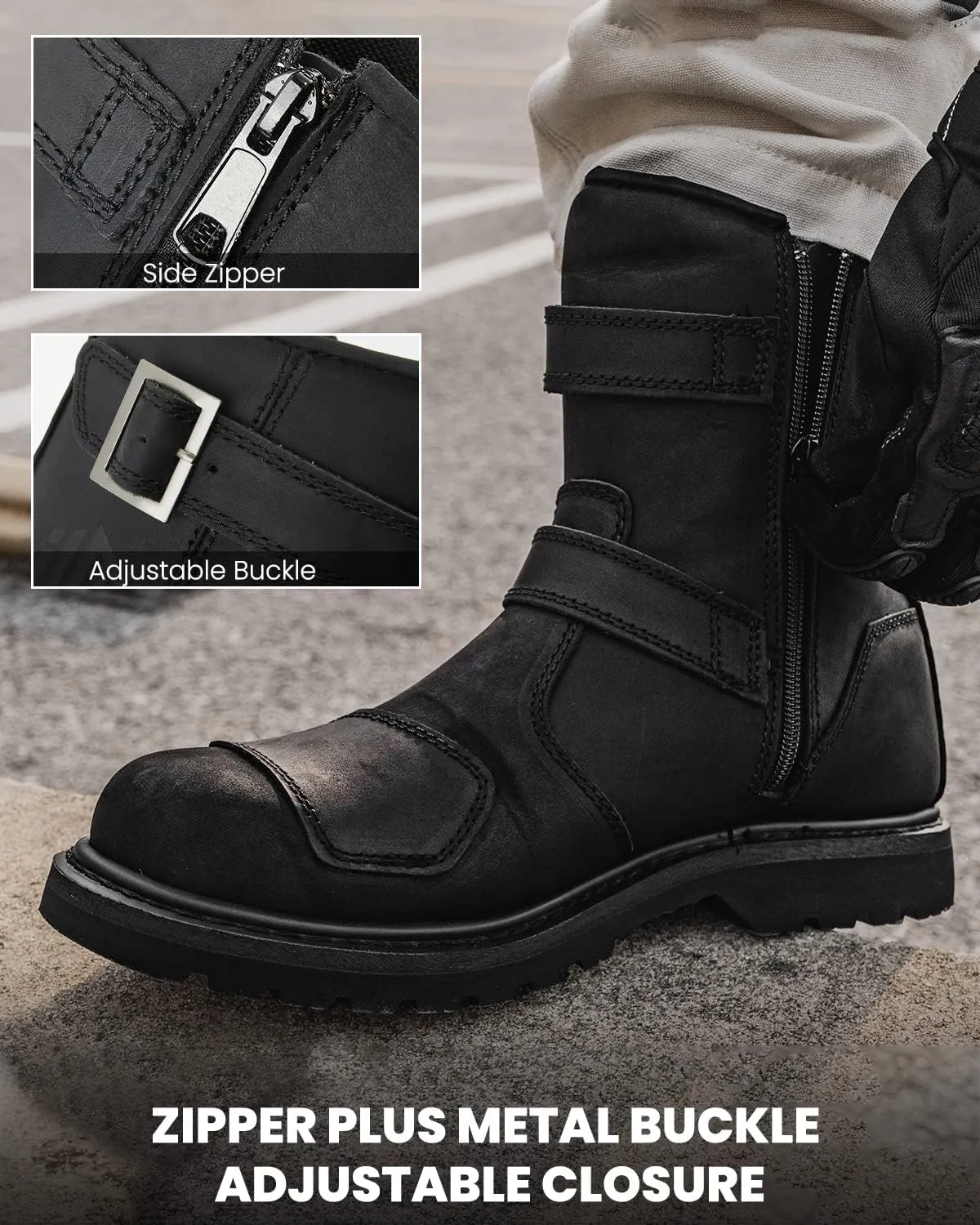ILM Leather Motorcycle Boots Protective Footwear with Side Zipper Motocross Riding Boot for Combat Tactical Hiking Men Women