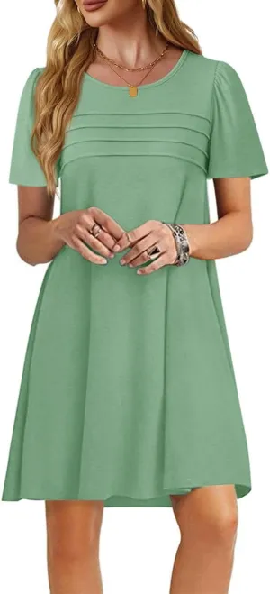 Imily Bela Womens Summer Casual T Shirt Dress Short Sleeve Crewneck Pleated Front Loose Beach Flowy Mini Dresses